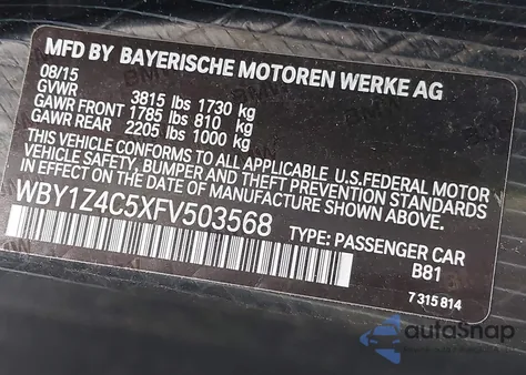 2015 BMW I3 Base W/Range Extender z USA, uszkodzony, nr VIN WBY1Z4C5XFV503568